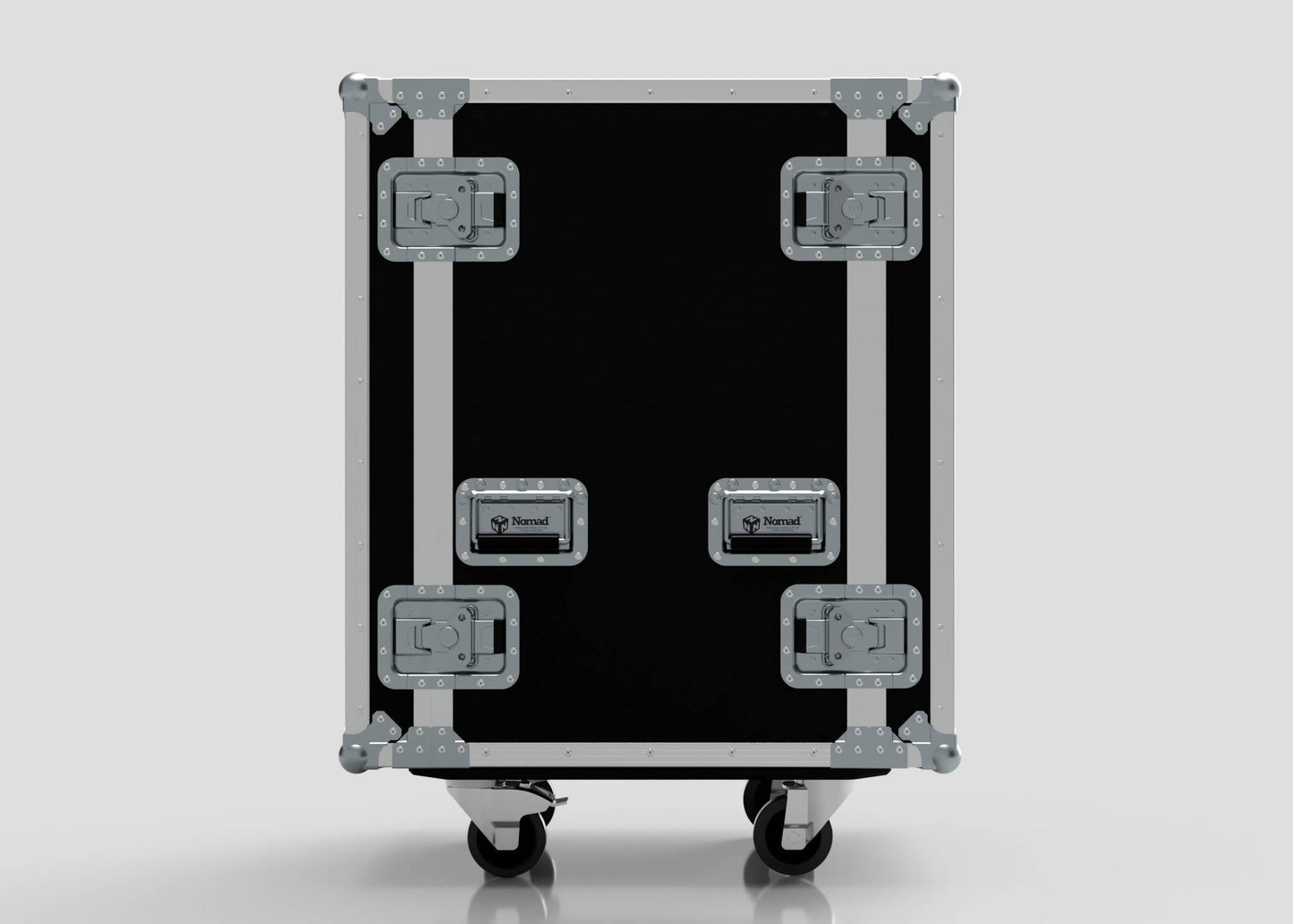 The 19U Standard Rack Case features black birch plywood construction, metal reinforcements, and wheeled handles, shown from the front against a plain background.