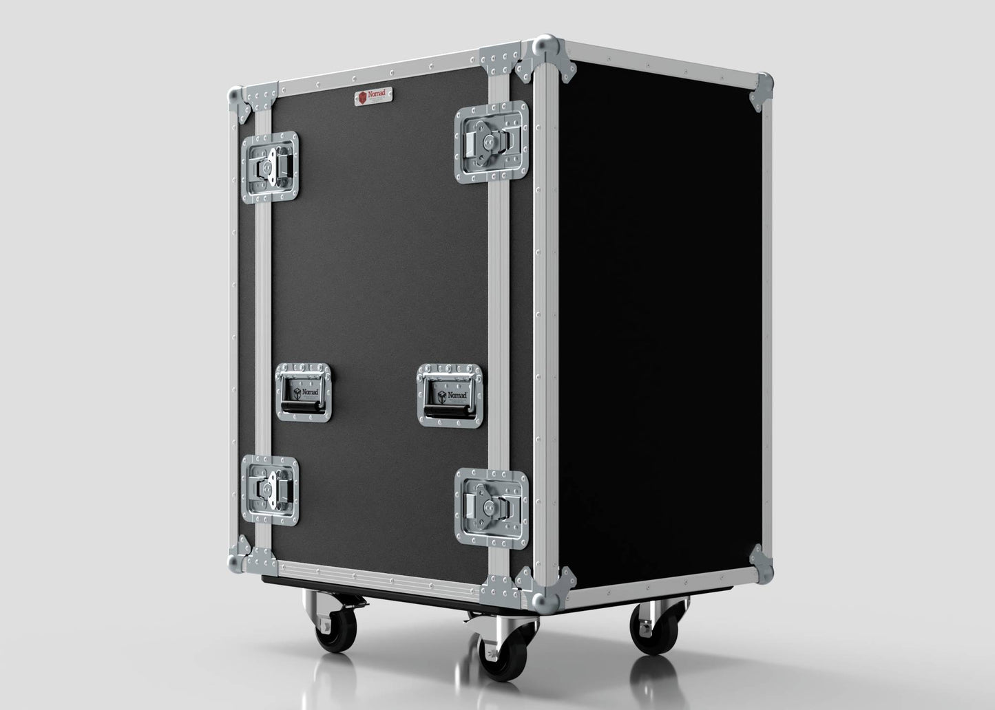The 19U Suspended Shock Mounted Rack Case, featuring metal edges, handles, and four caster wheels, offers enhanced protection with suspended shock mounted racks against a plain background.