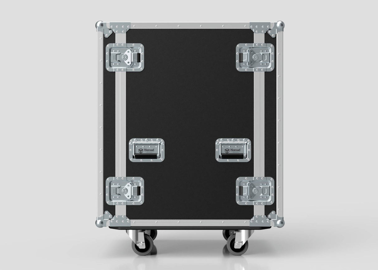 The 19U Suspended Shock Mounted Rack Case is a black rolling equipment rack with metal reinforcements, four latches, two handles, and suspended shock mounted racks for extra protection, shown against a plain background.