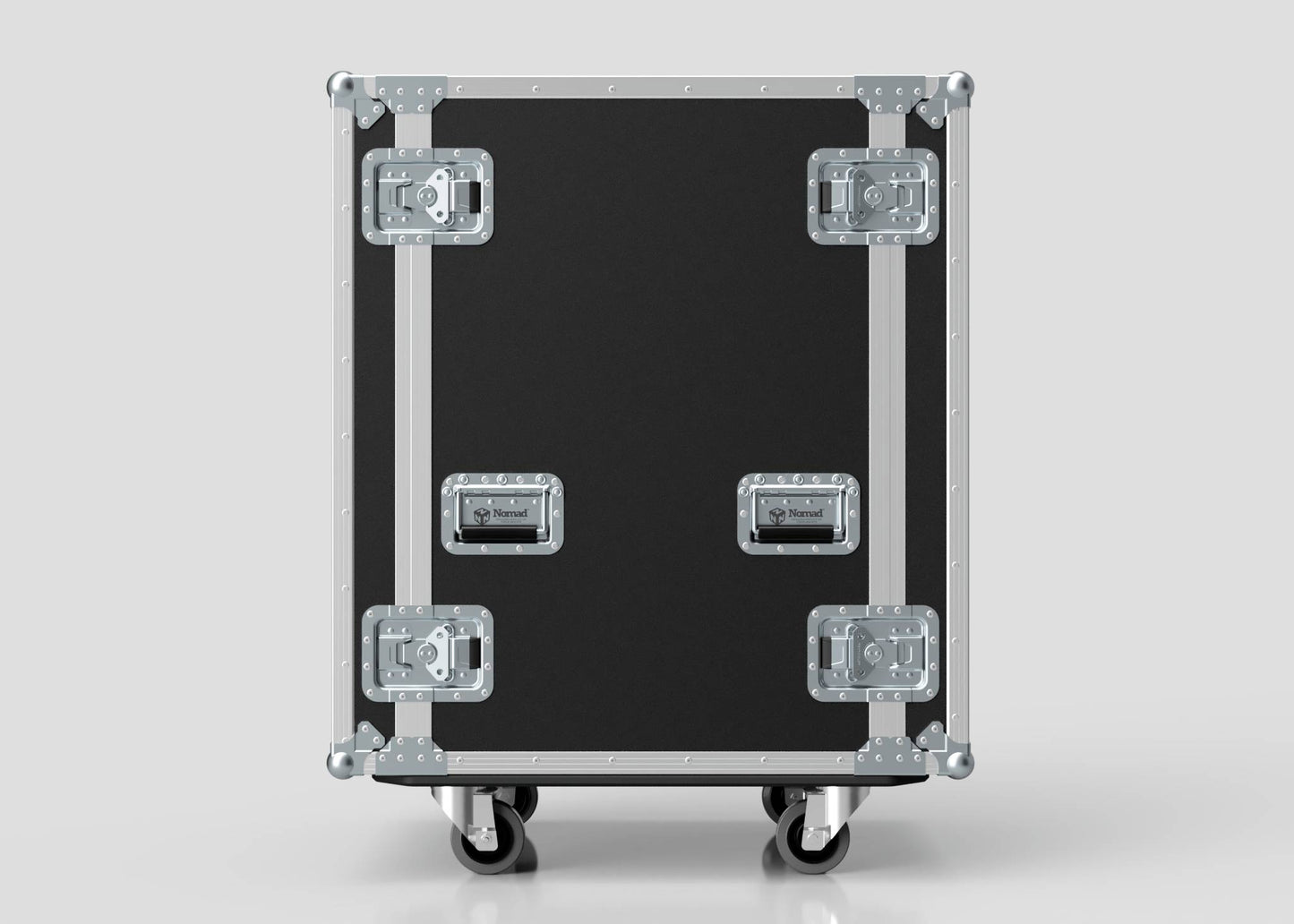 The 19U Suspended Shock Mounted Rack Case is a black rolling equipment rack with metal reinforcements, four latches, two handles, and suspended shock mounted racks for extra protection, shown against a plain background.