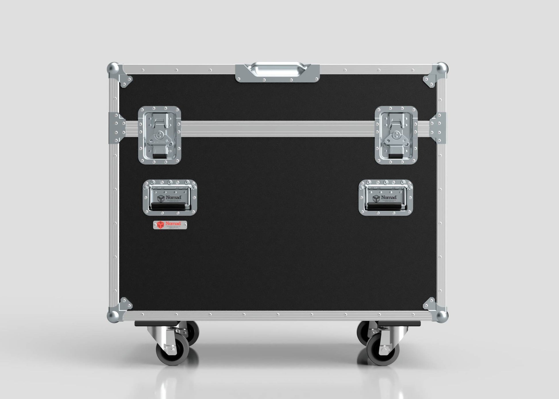 The 2 Way Ayrton Rivale Case is a black hard-shell rolling equipment case with metal reinforcements, latches, handles, and four wheels, shown against a plain light background. External dimensions: 1014 x 608 x 912 mm.