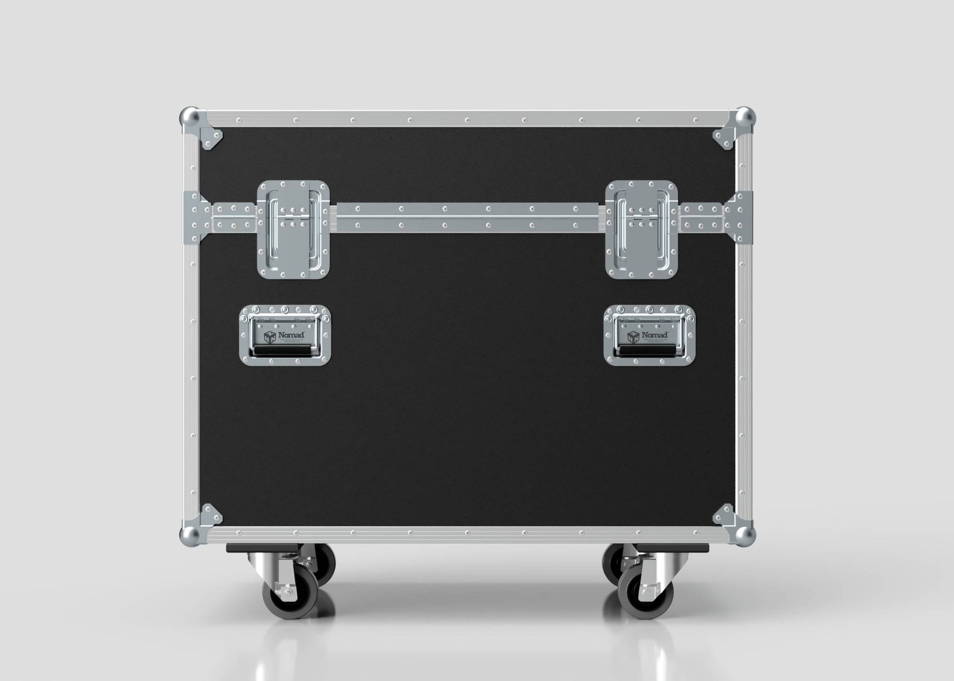 The 2 Way Ayrton Rivale Case is a black and silver equipment road case with metal reinforcements, handles, and four caster wheels. Its external dimensions are 1014 x 608 x 912 mm, providing ample space for your gear.