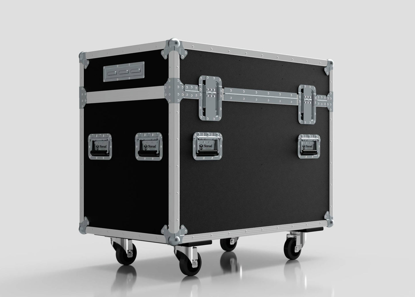 The 2 Way Ayrton Rivale Case is a large black flight case with metal-reinforced edges, three side latches, and four caster wheels. Its external dimensions are 1014 x 608 x 912 mm, shown against a plain white background.