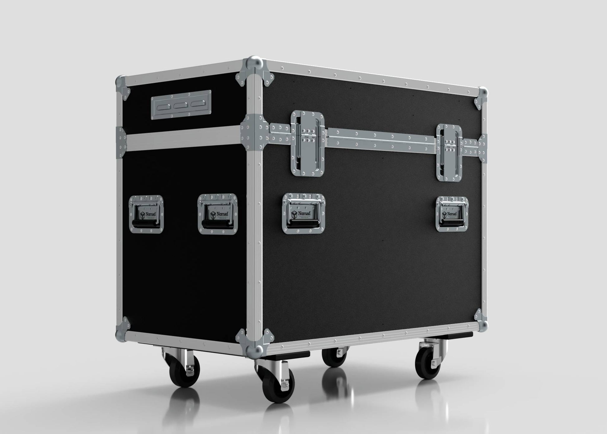 The 2 Way Ayrton Rivale Case is a large black flight case with metal-reinforced edges, three side latches, and four caster wheels. Its external dimensions are 1014 x 608 x 912 mm, shown against a plain white background.