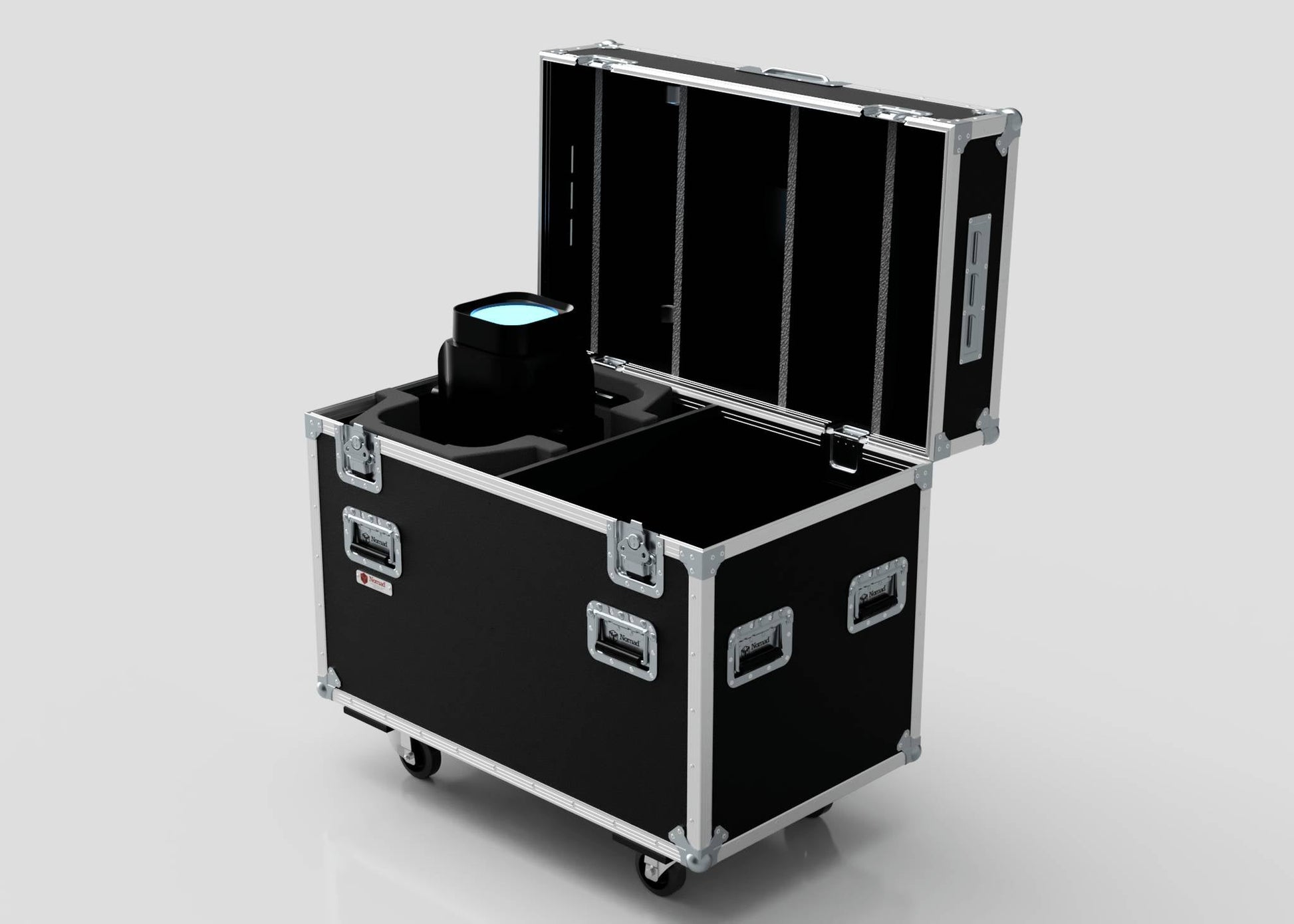 The 2 Way Ayrton Rivale Case is a black, wheeled equipment case with an open lid, showing one electronic device secured in foam; external dimensions are 1014 x 608 x 912 mm.