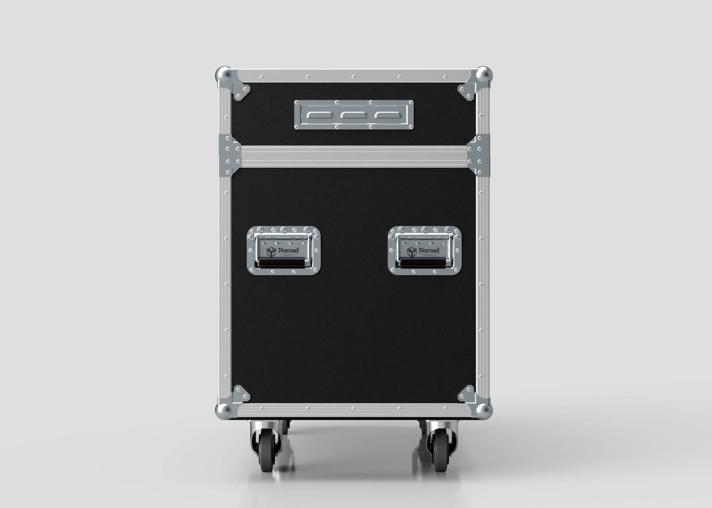 The 2 Way Ayrton Rivale Case is a black and silver road case with metal corners, handles, and wheels, displayed against a plain light background. Its external dimensions are 1014 x 608 x 912 mm.