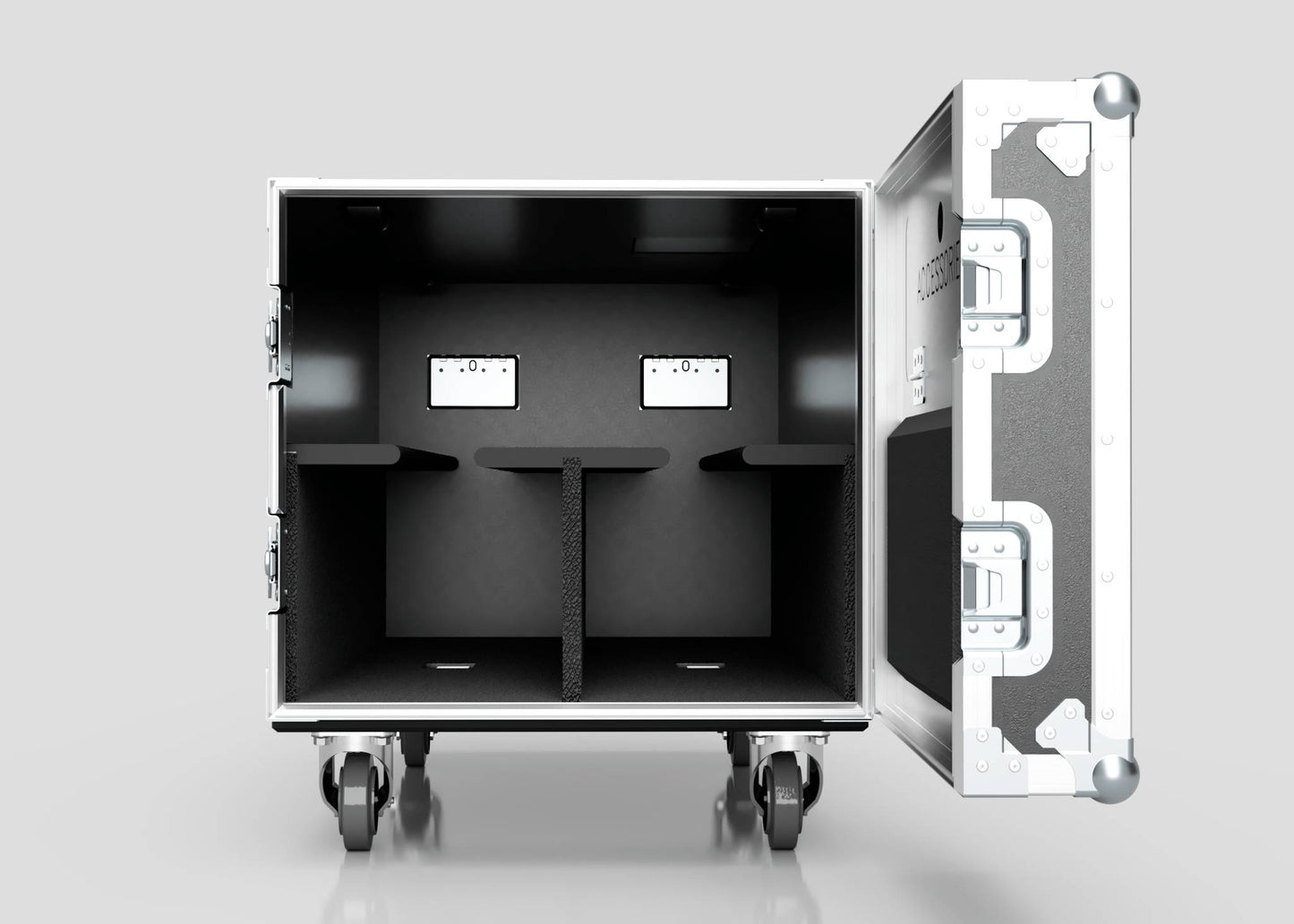 The 2 Way COLORado PXL Curve 12 Case is a silver hard case on wheels with interior dividers, two wall plates, foam padding, and external dimensions of 1220 x 600 x 661 mm, designed for safe equipment transport.