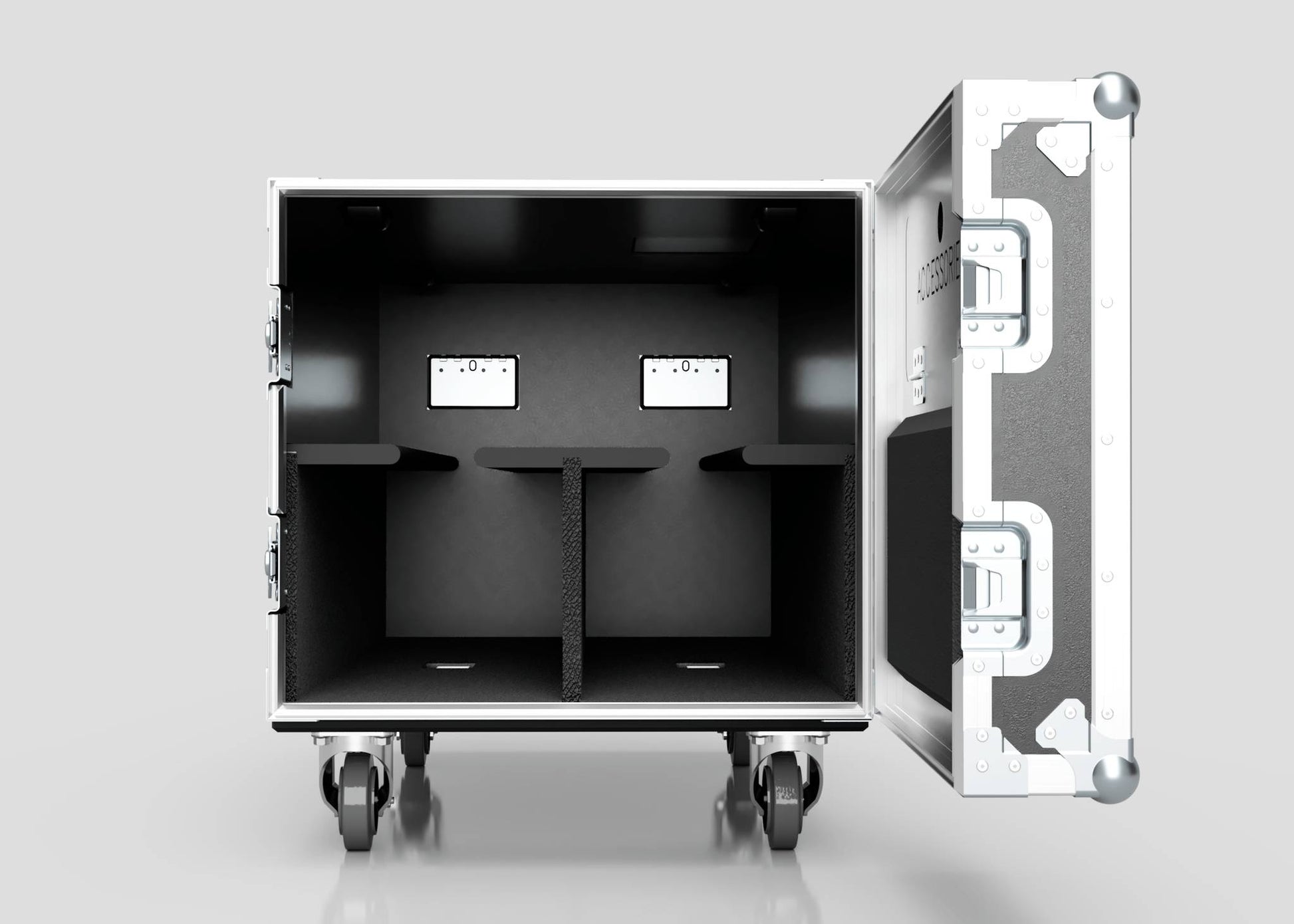 The 2 Way COLORado PXL Curve 12 Case is a silver hard case on wheels with interior dividers, two wall plates, foam padding, and external dimensions of 1220 x 600 x 661 mm, designed for safe equipment transport.