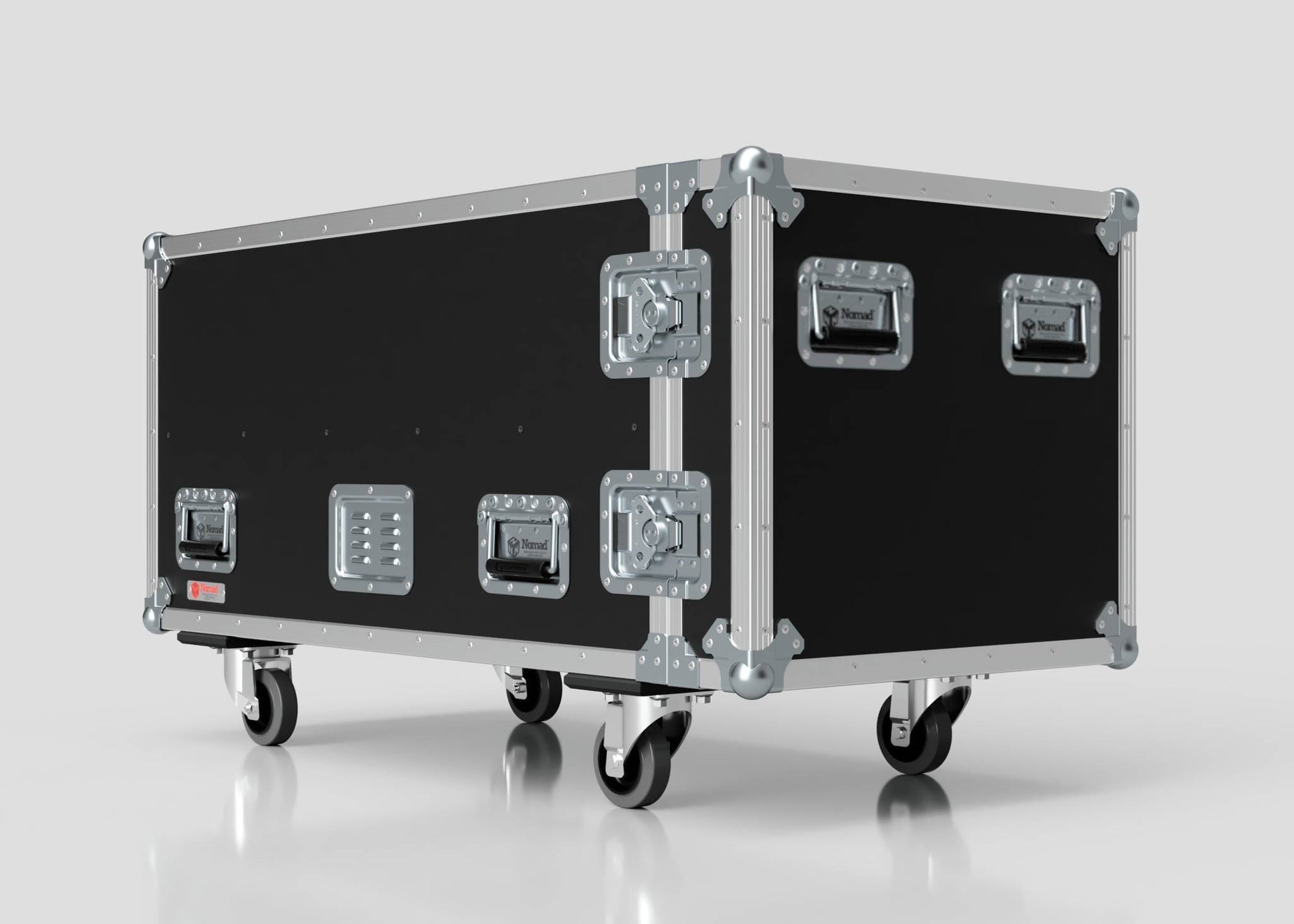 The 2 Way COLORado PXL Curve 12 Case is a large black and silver metal equipment case with handles, latches, and four wheels. It sits on a plain white background, measuring 1220 x 600 x 661 mm externally.