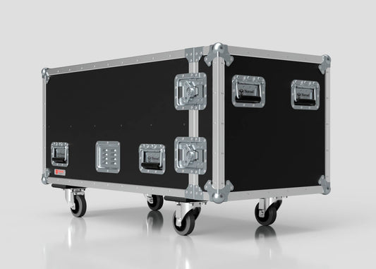 The 2 Way COLORado PXL Curve 12 Case is a large black and silver metal equipment case with handles, latches, and four wheels. It sits on a plain white background, measuring 1220 x 600 x 661 mm externally.