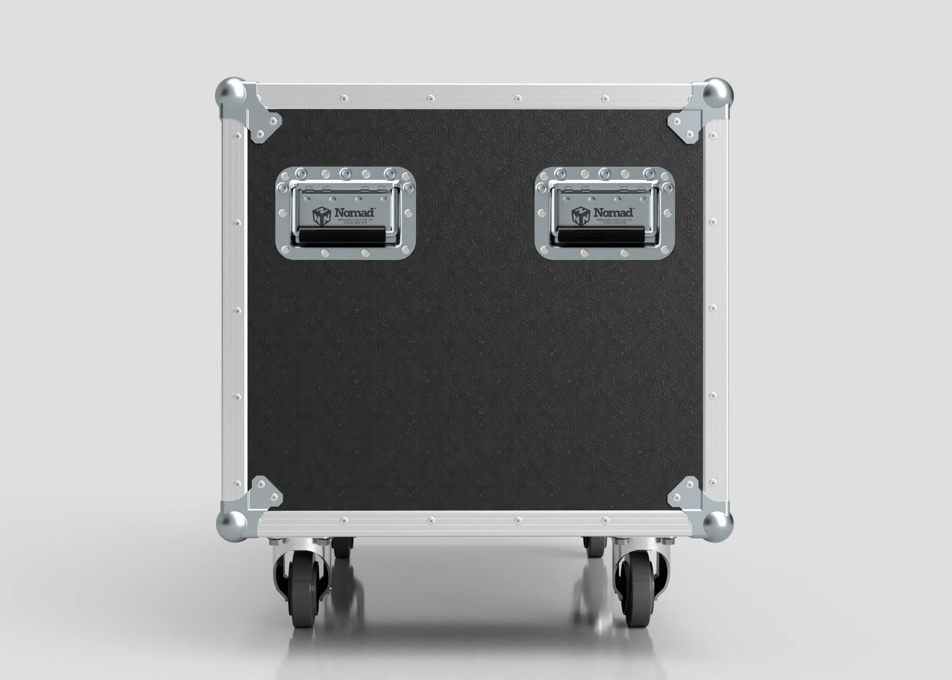 The 2 Way COLORado PXL Curve 12 Case, shown here in black and silver with reinforced corners, two metal handles, and four caster wheels, measures 1220 x 600 x 661 mm against a plain light background.