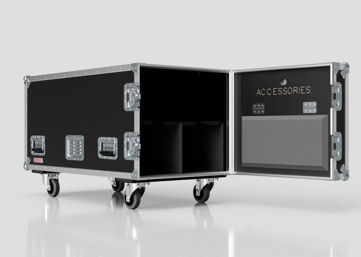 The 2 Way COLORado PXL Curve 12 Case is a black wheeled storage case with an open door labeled ACCESSORIES, showing interior compartments. It measures 1220 x 600 x 661 mm and is displayed against a plain white background.