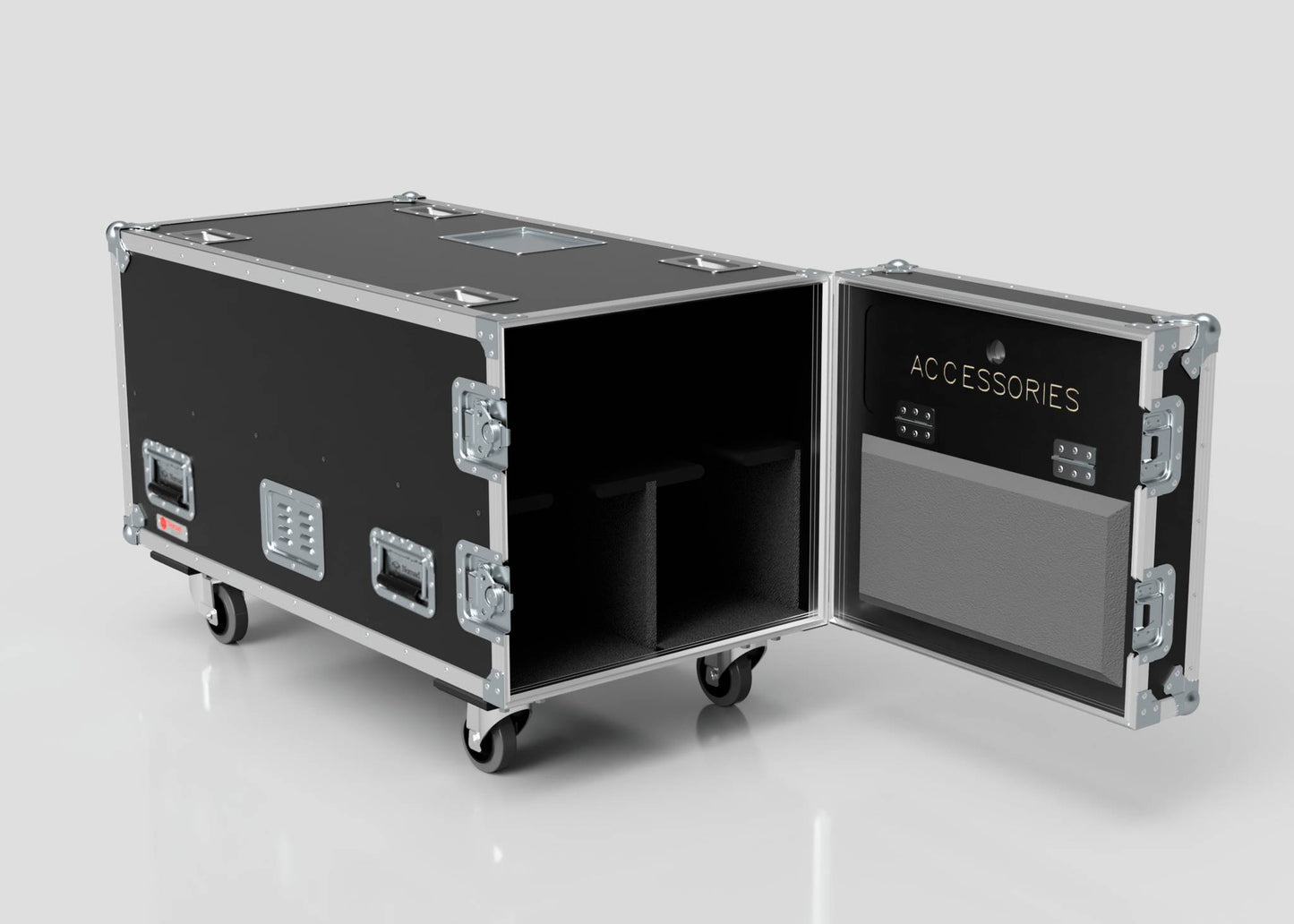 The 2 Way COLORado PXL Curve 12 Case is a black rolling equipment case with metal edges, latches, visible interior compartments, a door labeled ACCESSORIES with pockets, and external dimensions of 1220 x 600 x 661 mm.