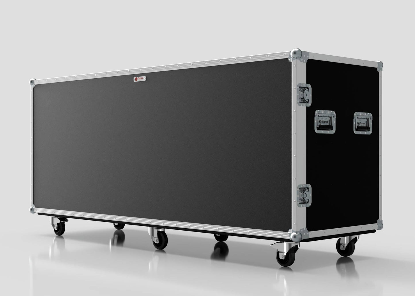 The 20 Way Euro Crate Case is a large black equipment case with silver metal edges, corner protectors, handles, and four wheels for high load capacity and easy transport, shown on a white background.