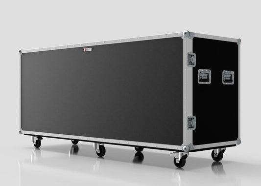 The 20 Way Euro Crate Case is a large black equipment case with silver metal edges, corner protectors, handles, and four wheels for high load capacity and easy transport, shown on a white background.