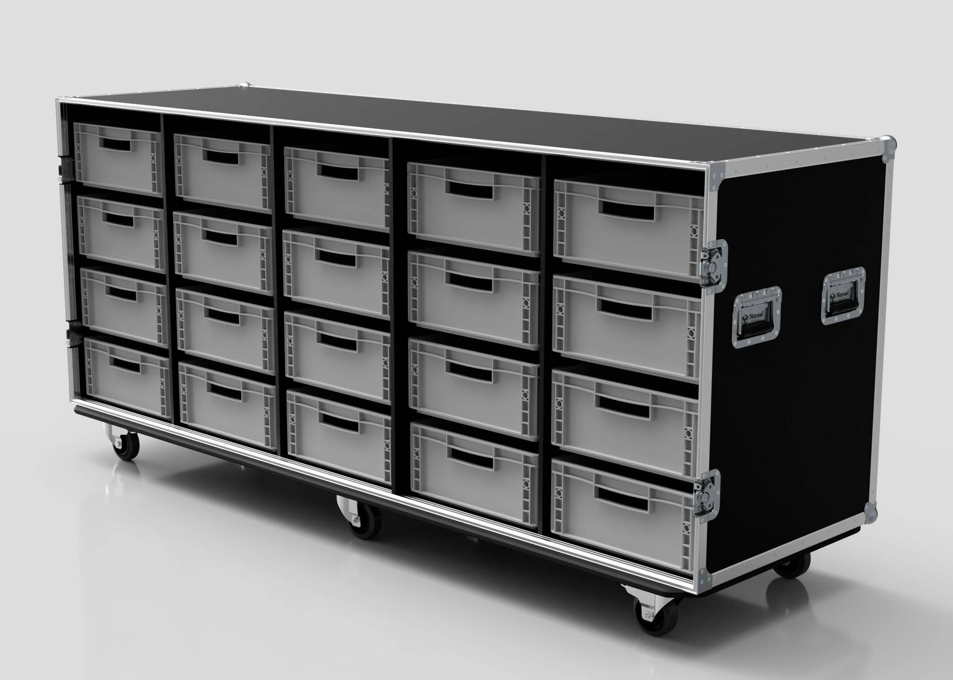 The 20 Way Euro Crate Case is a large black rolling storage cabinet with three rows of metal drawers, side handles, and wheels—ideal for organizing euro crates or storing heavy items with high load capacity.