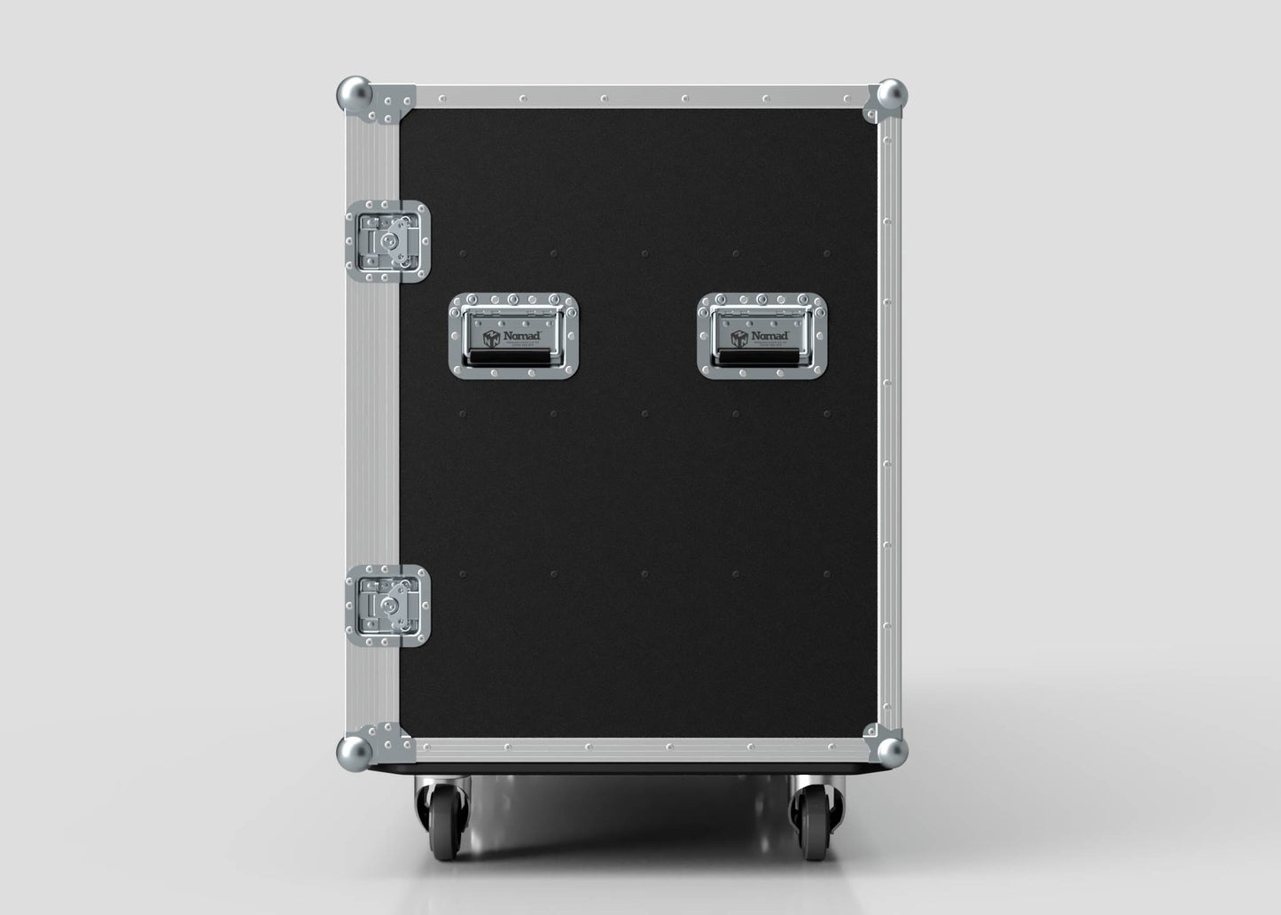 The 20 Way Euro Crate Case is a black and silver rolling flight case with metal corners, two handles, reinforced edges, and high load capacity, shown front-facing against a plain background.