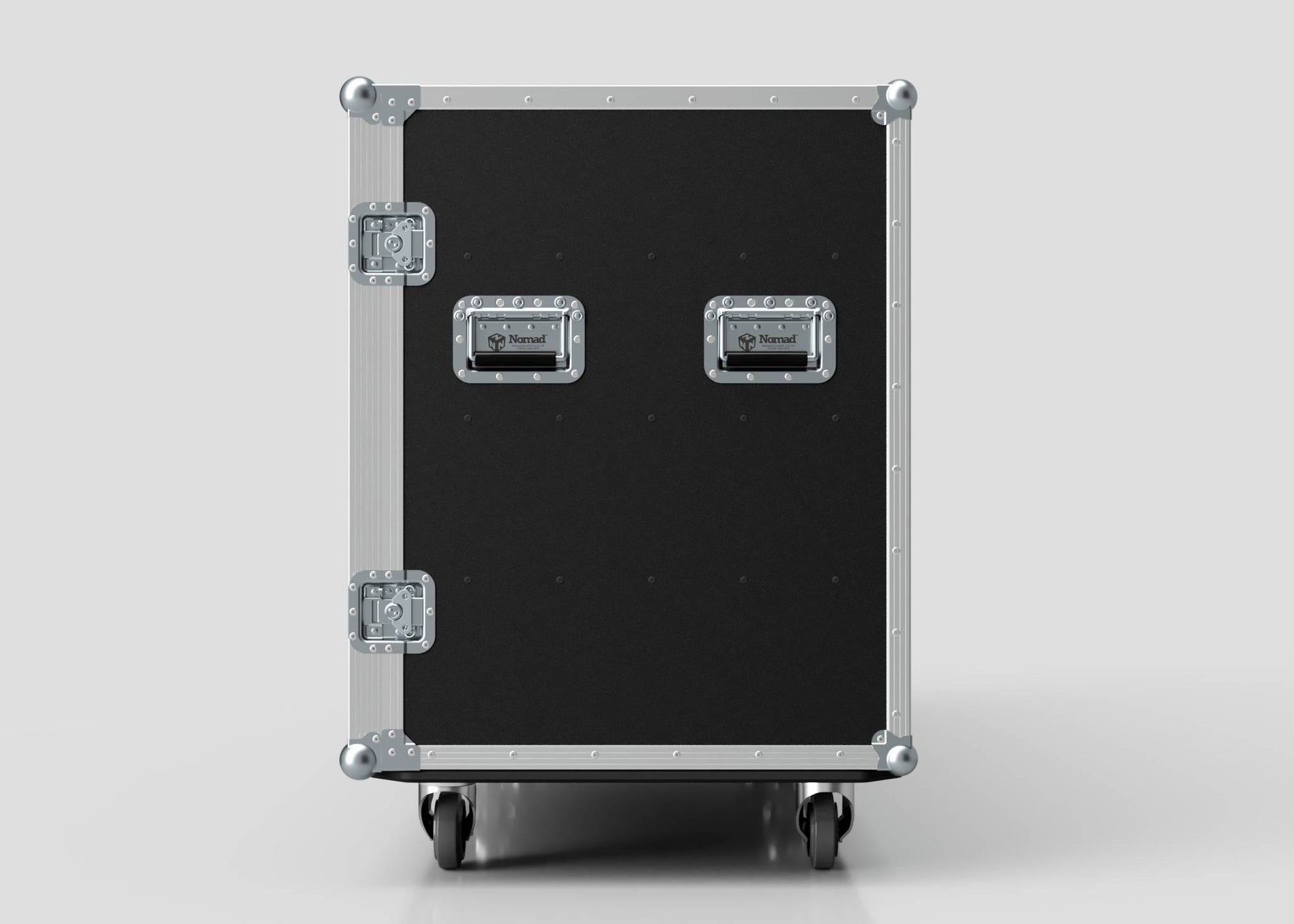 The 20 Way Euro Crate Case is a black and silver rolling flight case with metal corners, two handles, reinforced edges, and high load capacity, shown front-facing against a plain background.