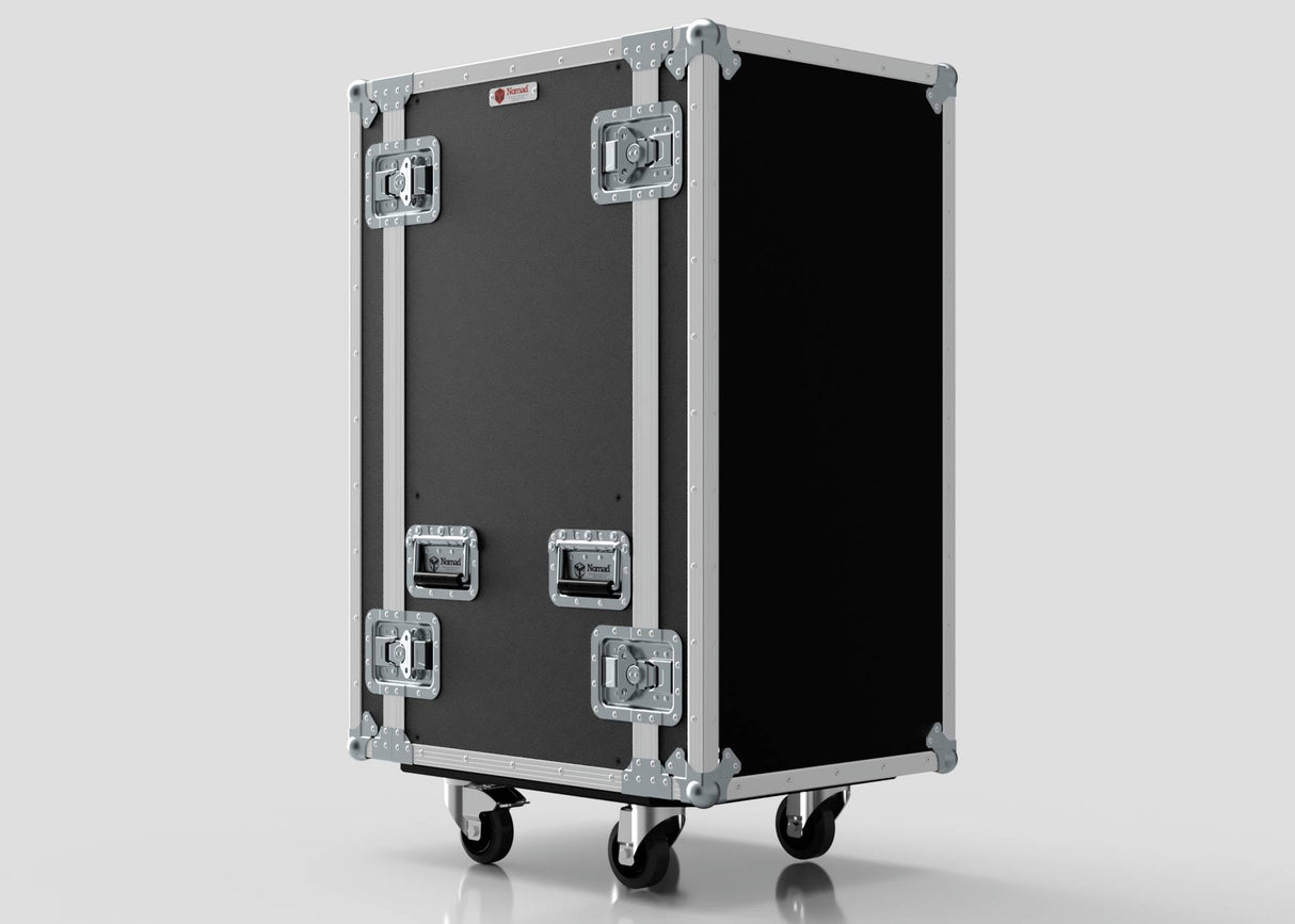 The 20U Standard Rack Case, made of black birch plywood with metal reinforced corners and edges, features four latches and casters for mobility, shown against a plain light gray background.