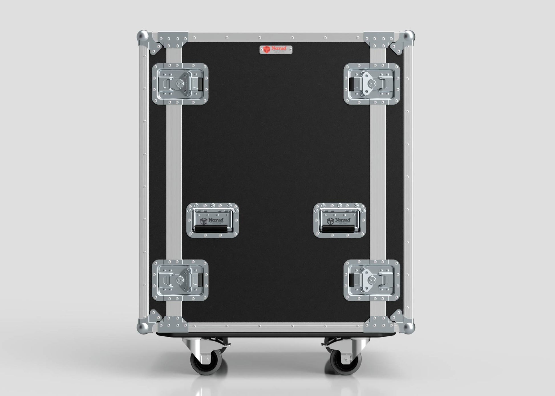 The 20U Suspended Shock Mounted Rack Case is a black, rectangular UK-made road case with metal reinforcements, handles, latches, and four caster wheels, shown on a plain light gray background.