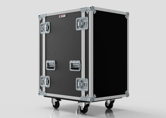 The 20U Suspended Shock Mounted Rack Case is a large black road case with metal edges, latches, four caster wheels, and a suspended shock-mounted rack, shown against a plain light background.