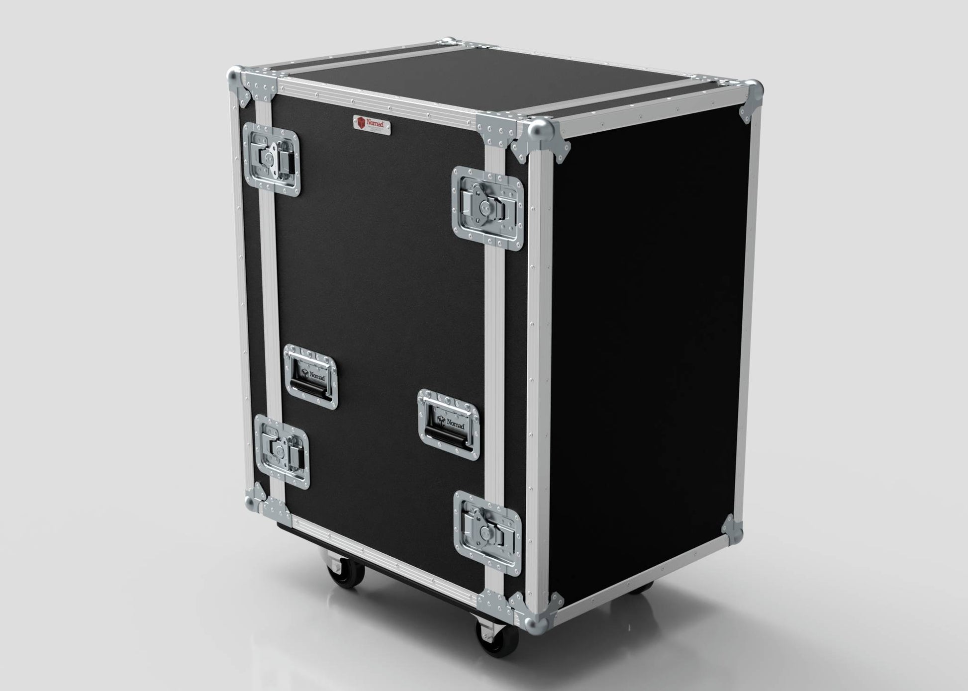 The 20U Suspended Shock Mounted Rack Case is a large black rectangular case with metal edges, reinforced corners, latches, handles, anti-vibration mounts, and wheels, shown on a white background.