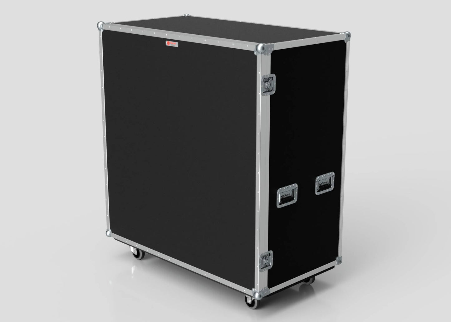 The 21 Way Poly Tray Case is a large black rectangular road case with metal edges, corner protectors, side handles, and caster wheels, perfect for custom storage or securing medical supplies, shown against a plain background.