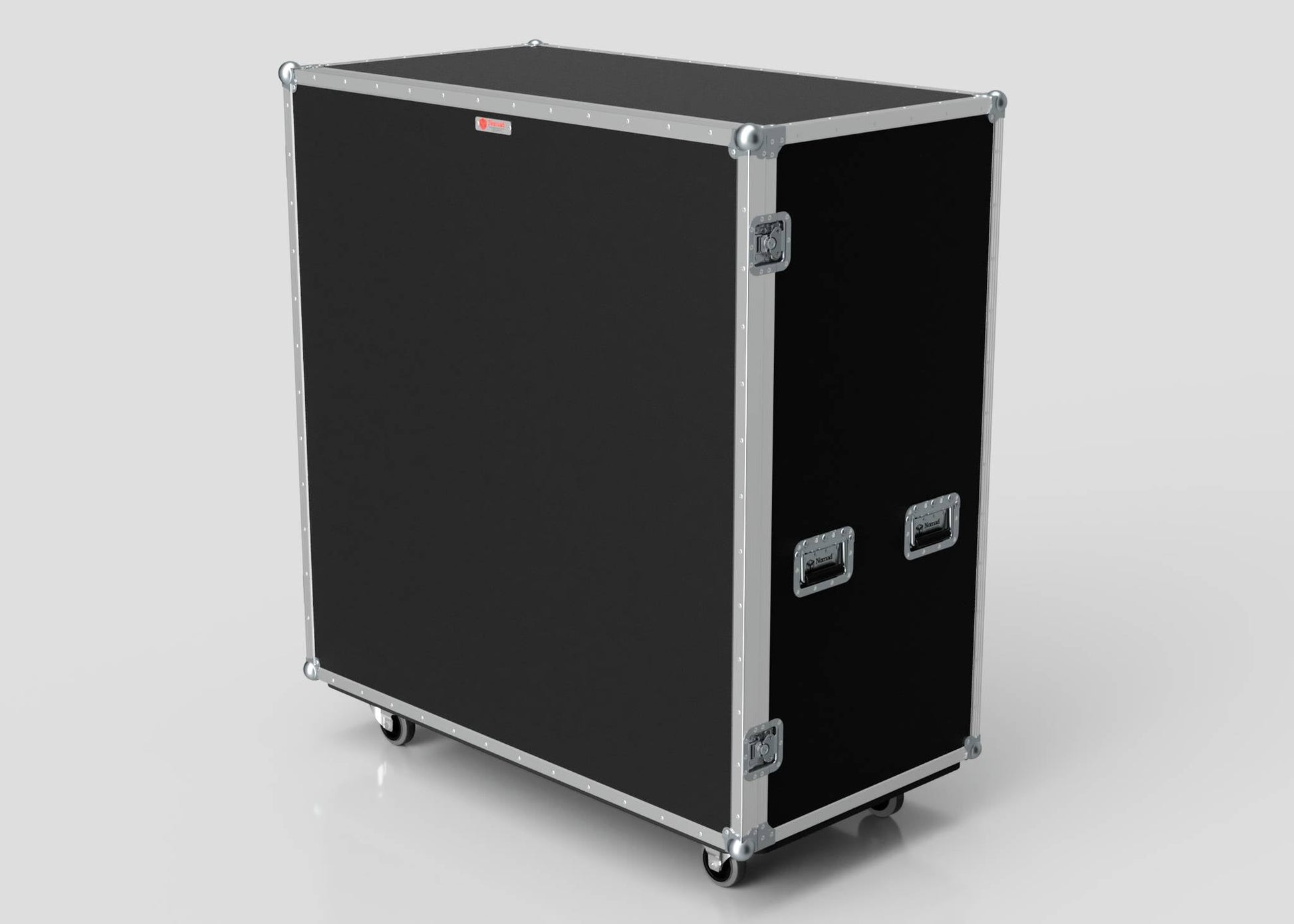 The 21 Way Poly Tray Case is a large black rectangular road case with metal edges, corner protectors, side handles, and caster wheels, perfect for custom storage or securing medical supplies, shown against a plain background.