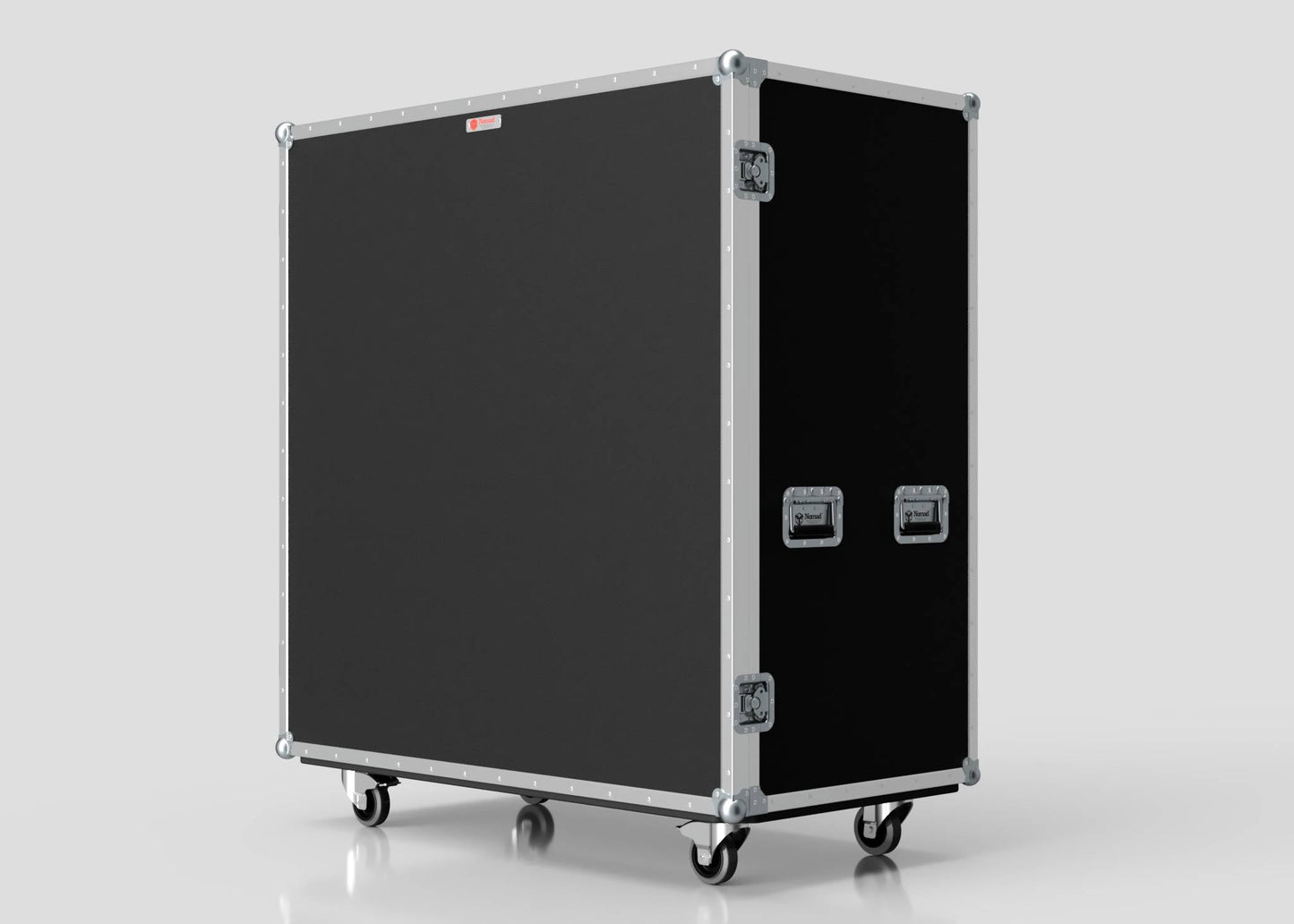 The 21 Way Poly Tray Case is a large black road case with metal edges, handles, and wheels, perfect for customizable sizing or storing medical supplies, displayed against a plain light background.