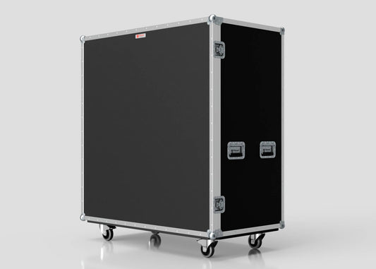 The 21 Way Poly Tray Case is a large black road case with metal edges, handles, and wheels, perfect for customizable sizing or storing medical supplies, displayed against a plain light background.