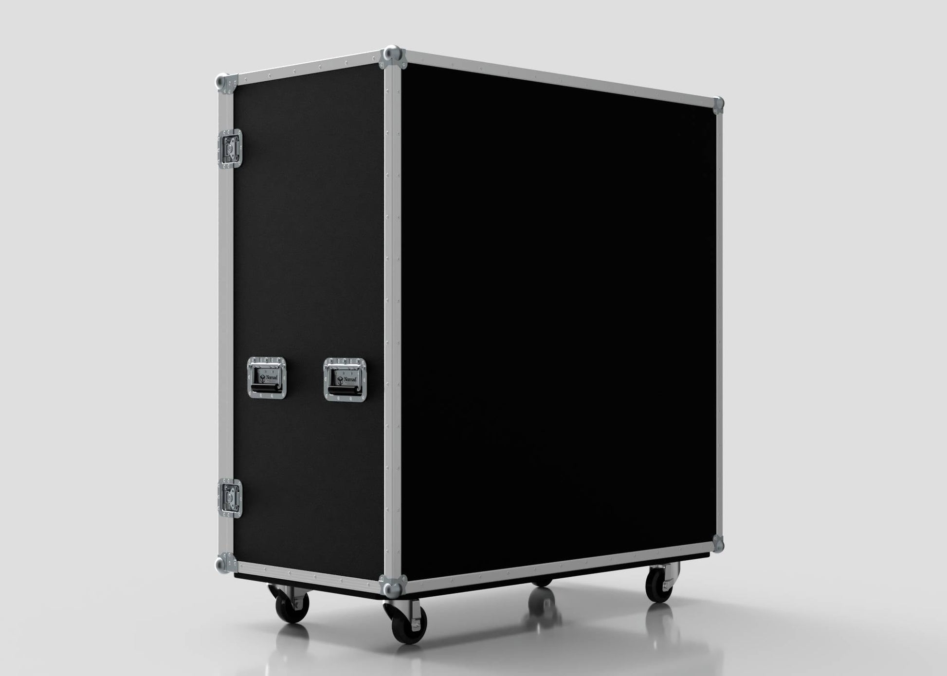 The 21 Way Poly Tray Case is a large black rectangular road case with metal edges, handles, latches, and four caster wheels, perfect for storing medical supplies and available in custom sizes.
