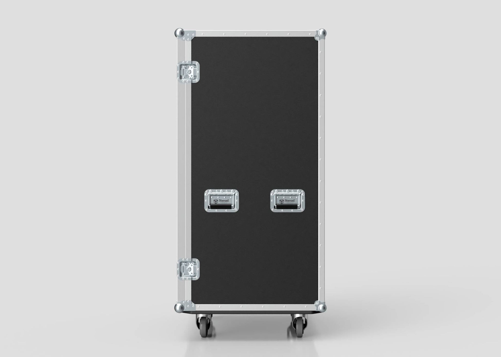 The 21 Way Poly Tray Case is a tall, black rectangular equipment case with metal edges, two handles, and wheels, perfect for storing medical supplies and shown upright against a plain background.