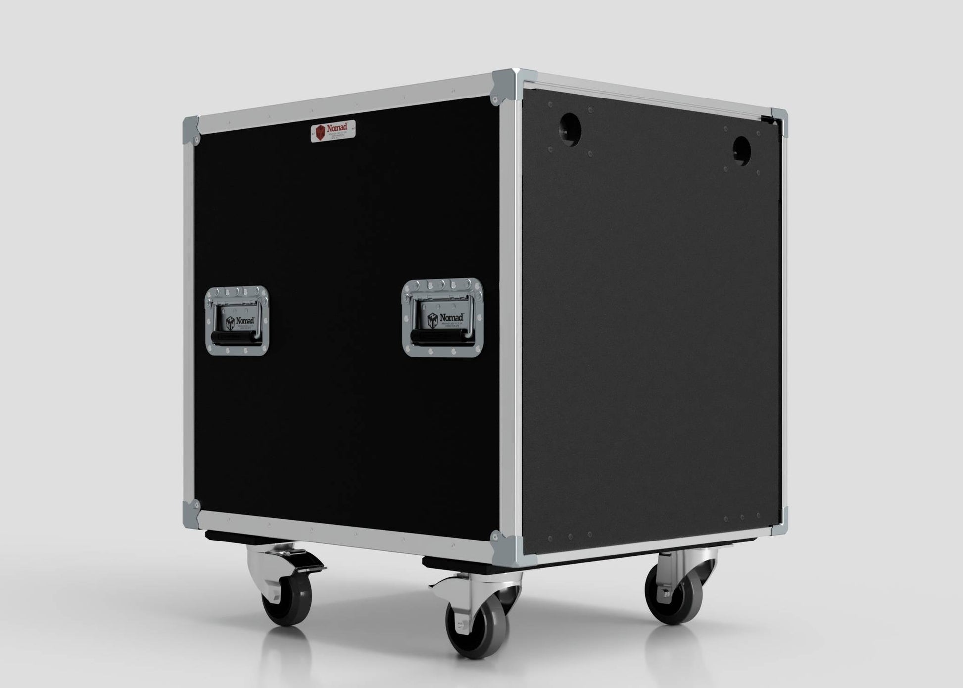 21U Shock Mount Slam Rack Case featuring a black finish, metal edges, two recessed handles, and four caster wheels, shown on a plain white background.