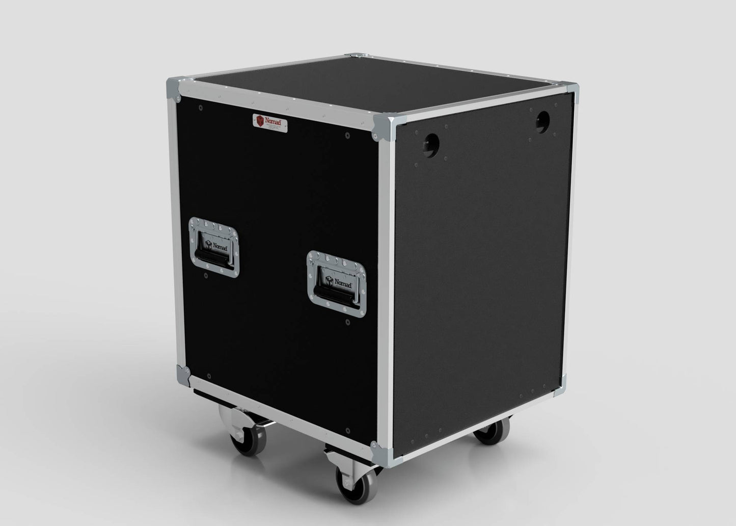 The 21U Slam Rack Case is a black road case featuring metal edges, two side handles, and four caster wheels on the bottom, all shown against a plain light background.