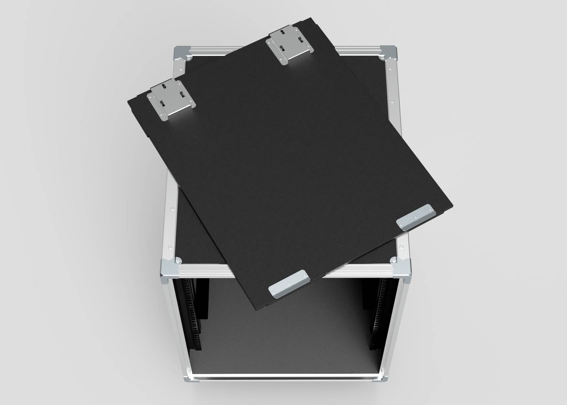 A black removable panel with metal brackets is partially detached from the silver-framed 21U Slam Rack Case enclosure, viewed from above.