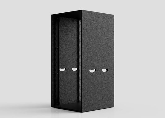 The 21U Standard Rack Sleeve is a black, empty server rack cabinet featuring an open front and two circular cable entry holes on the back panel, shown against a plain light background.