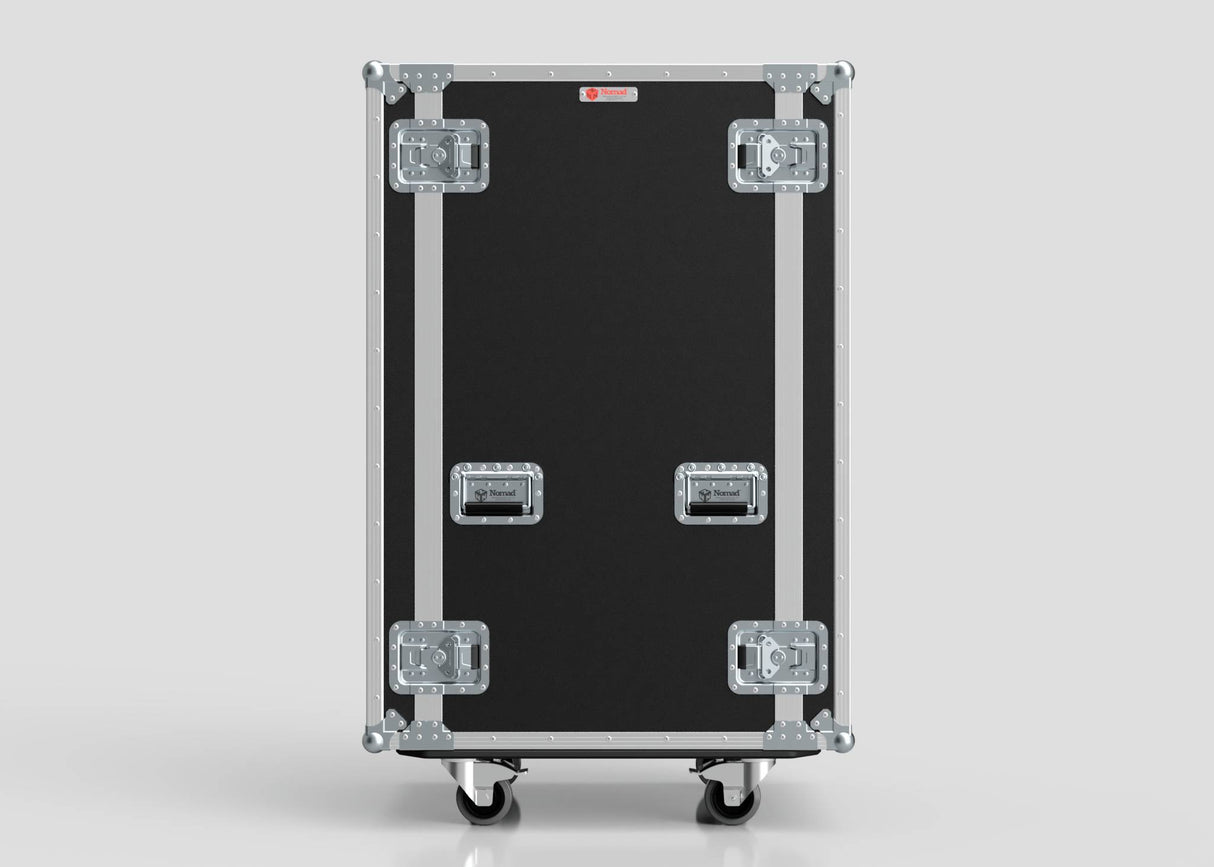 The 21U Suspended Shock Mounted Rack Case in black and silver features metal corners, handles, latches, and stands upright on four caster wheels against a plain light background.