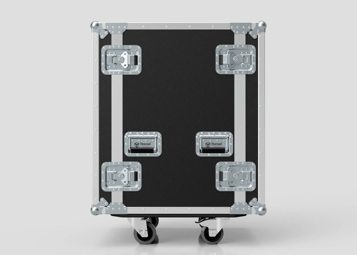 A 22U Foam Shock Mounted 19" Rack Case, black and rectangular, built from European Birch plywood with metal edges, heavy-duty latches and handles, stands on caster wheels against a plain light gray background.