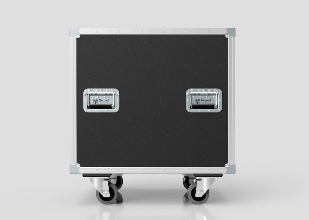 The 22U Shock Mount Slam Rack Case, featuring black and silver metal edges and two handles, rests on four caster wheels against a plain background.