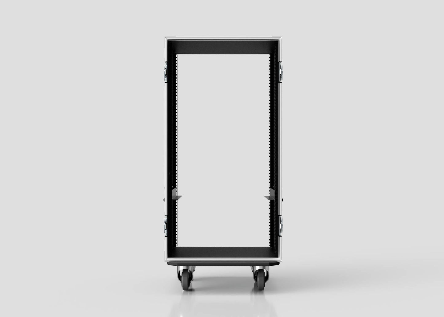 Front view of an empty 22U Standard Rack Case on wheels set against a plain gray background.
