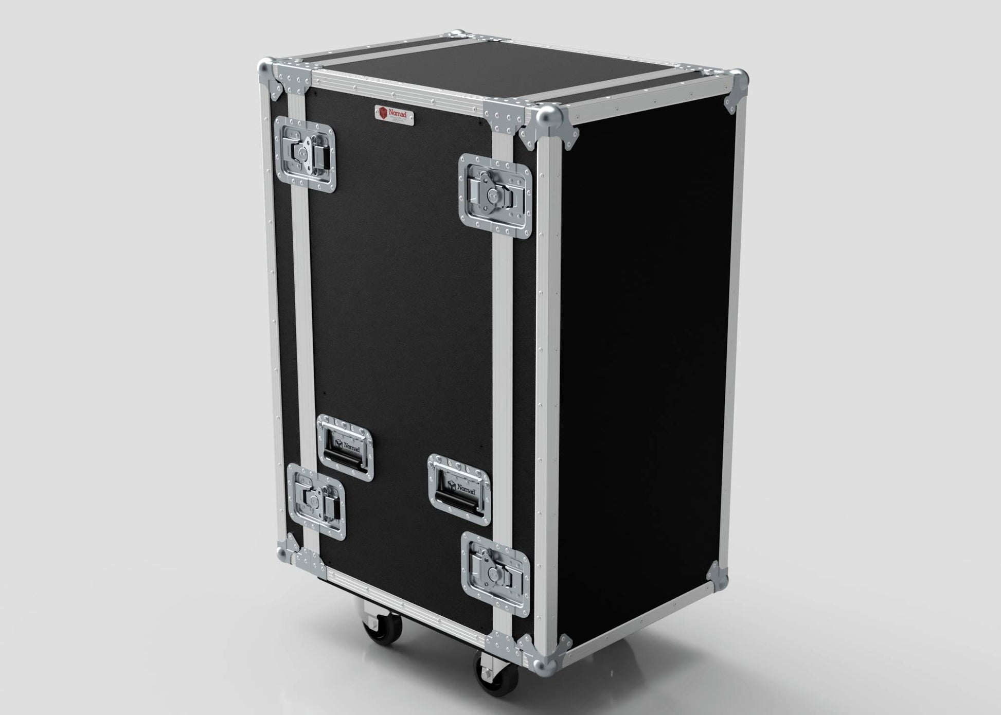 The 22U Standard Rack Case is a black rectangular equipment rack featuring metal reinforcements, latches, and handles. It stands upright on four caster wheels against a plain background.