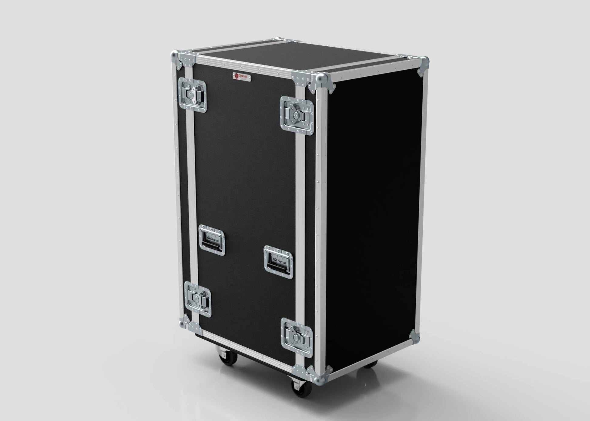 The 22U Suspended Shock Mounted Rack Case is a black, rectangular road case featuring metal edges, corner protectors, handles, four wheels, and a durable birch plywood rack interior, shown against a plain background.