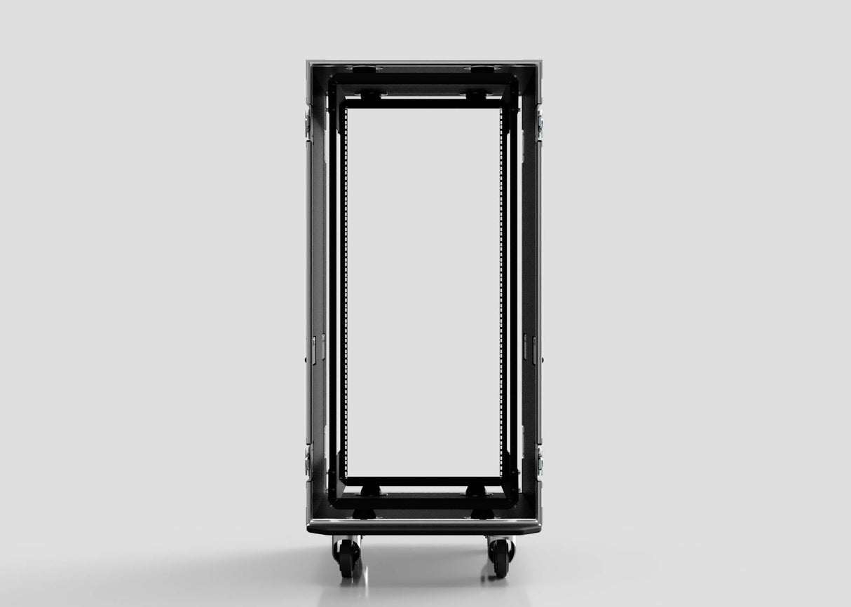 A front view of an empty 22U Suspended Shock Mounted Rack Case in black on wheels, set against a plain light gray background.