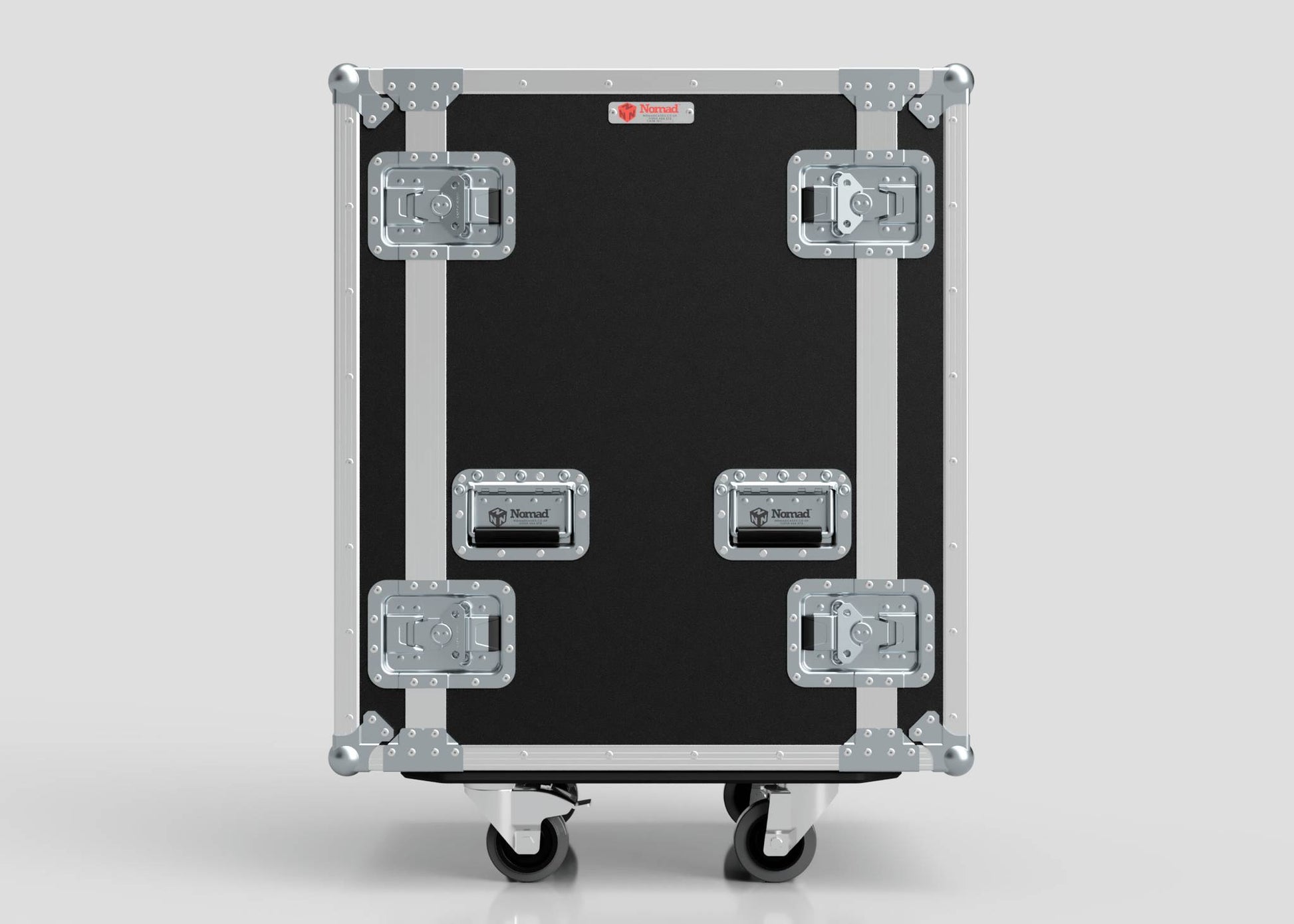 The 23U Foam Shock Mounted 19" Rack Case is a large black and silver rolling equipment case with metal reinforcements, latches, handles, and caster wheels, made of European birch plywood for secure equipment protection.