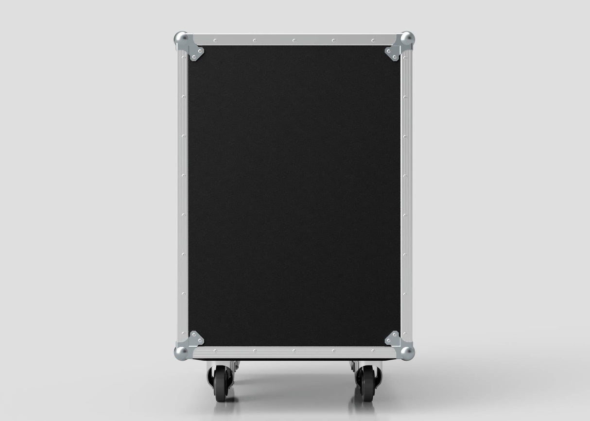 The 23U Foam Shock Mounted 19" Rack Case, a large black rectangular case made of European Birch plywood with metal edges and corner protectors, stands upright on four wheels, providing secure equipment protection against a plain background.