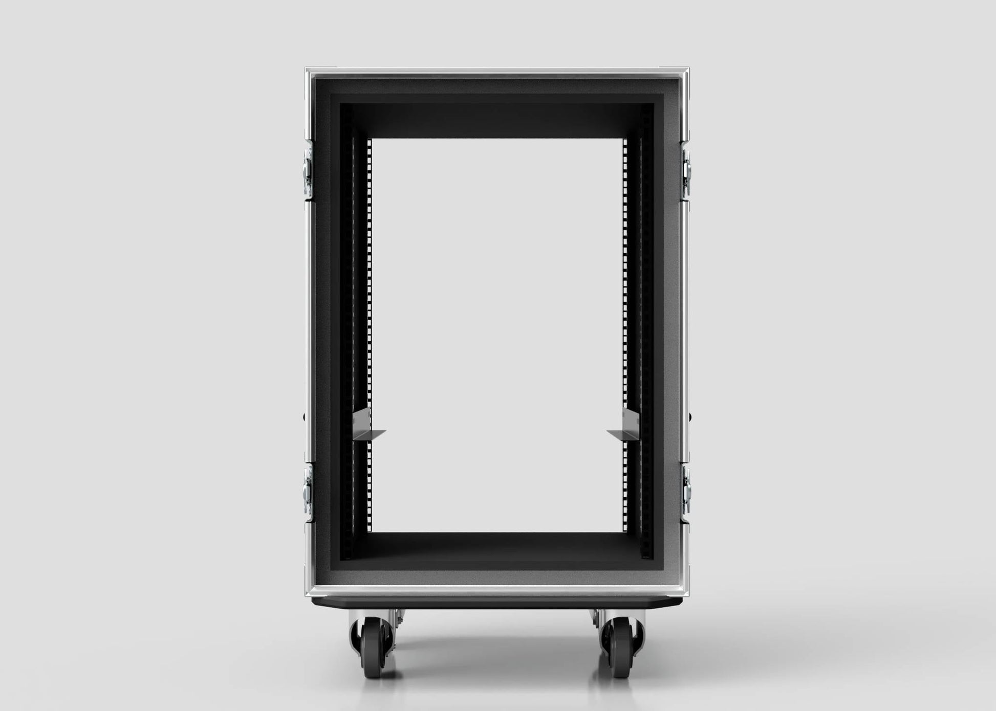 Front view of an empty 23U Foam Shock Mounted 19" Rack Case on wheels, made from durable European Birch plywood, shown against a plain light background.