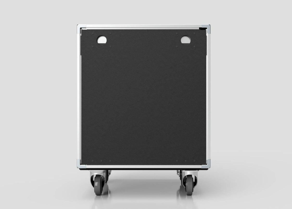 The 23U Shock Mount Slam Rack Case is a black, rectangular case with metal edges and four caster wheels, set against a plain light gray background.