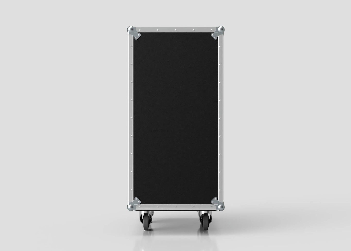 The 23U Standard Rack Case is a large black case with silver metal edges, corner protectors, and four caster wheels. Standing upright against a plain light background, it provides sturdy protection and easy mobility for your equipment.
