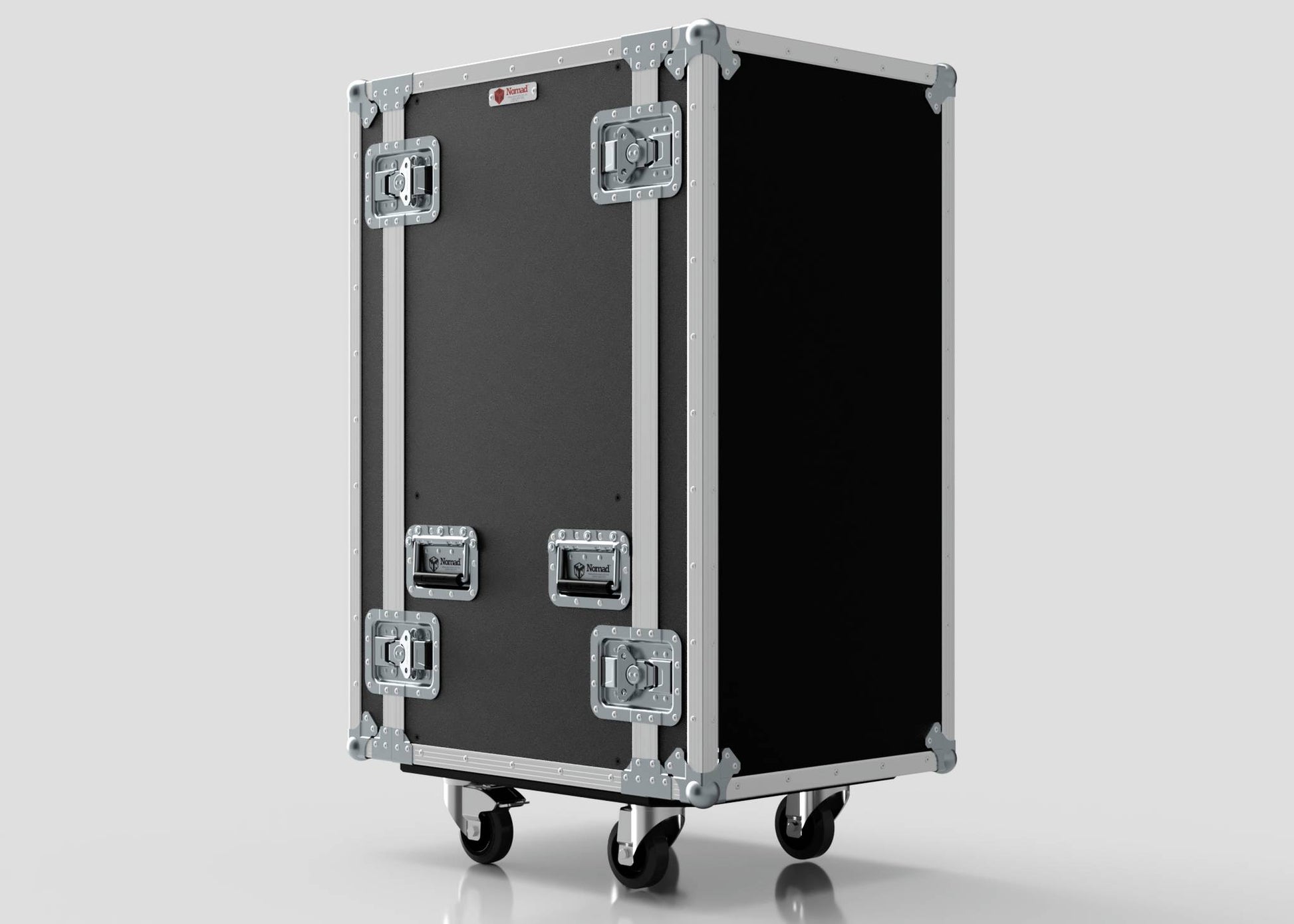 The 23U Standard Rack Case, a black rectangular birch plywood equipment rack with metal reinforced edges, handles, latches, and four caster wheels, stands upright against a plain background.