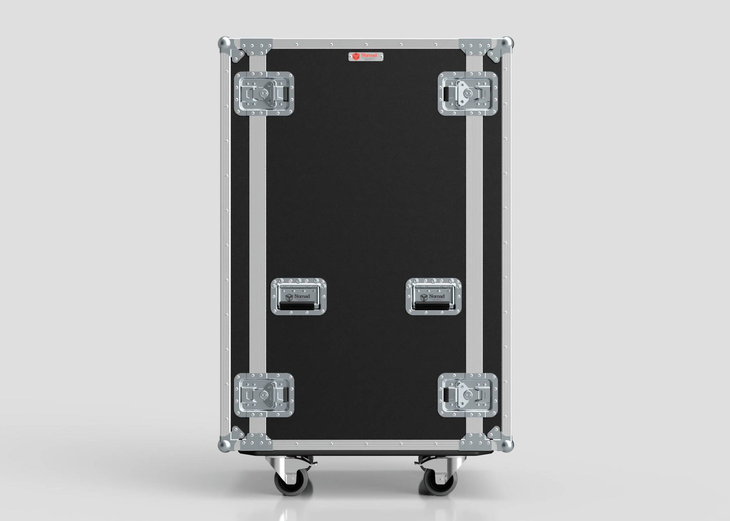 The 23U Suspended Shock Mounted Rack Case is a large, black rectangular equipment case made of birch plywood with metal reinforcements, handles, latches, and wheels, shown standing upright against a plain light background.